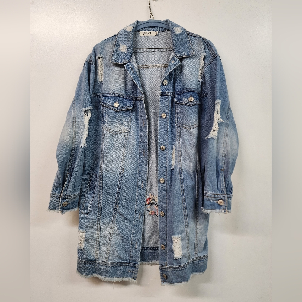 Distressed Embroidered Oversized Longline Long Tunic Denim Jacket